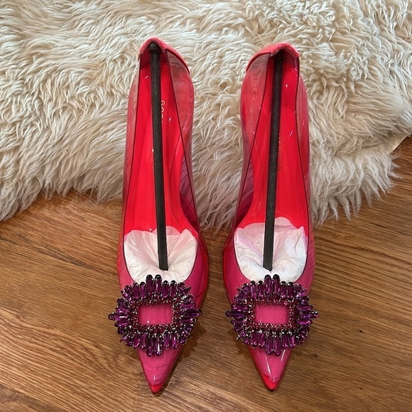 Good American Cinderella crystal pump hot pink stiletto heels size 8 new in box - Picture 2 of 12